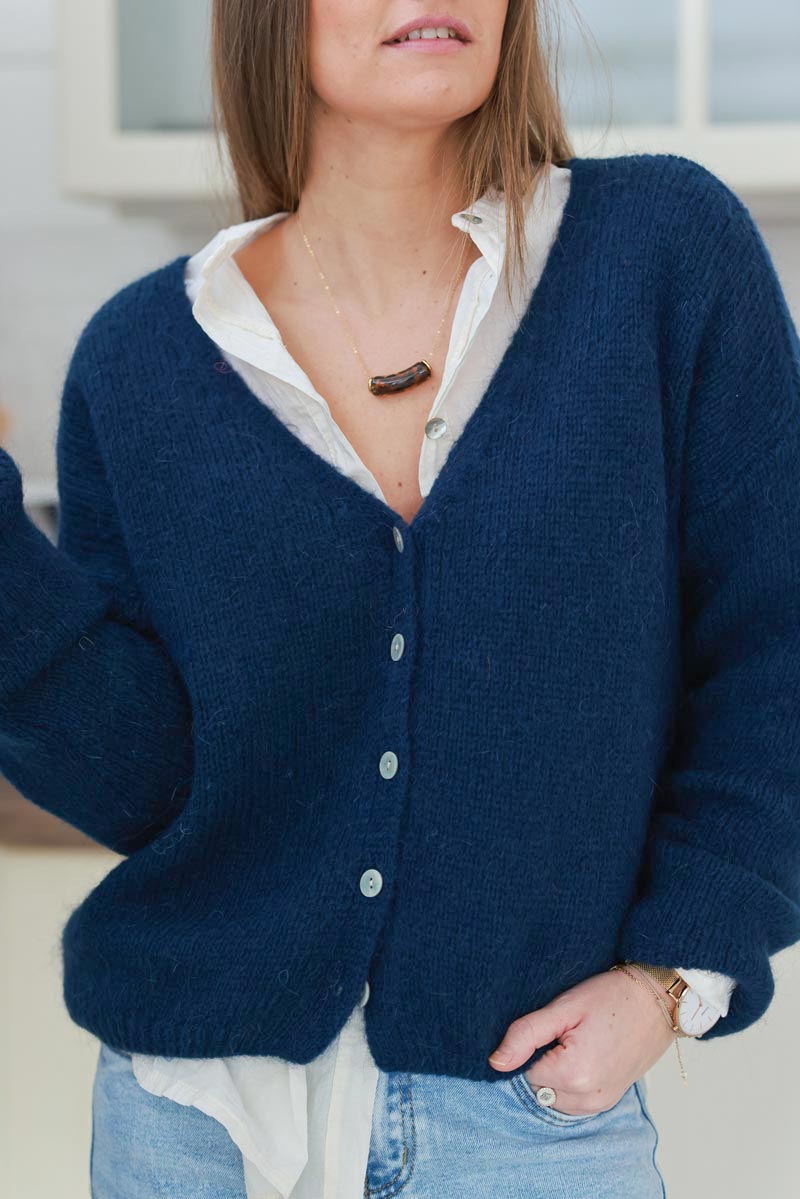 Navy Blue Mother of Pearl Button through V-Neck Cardigan