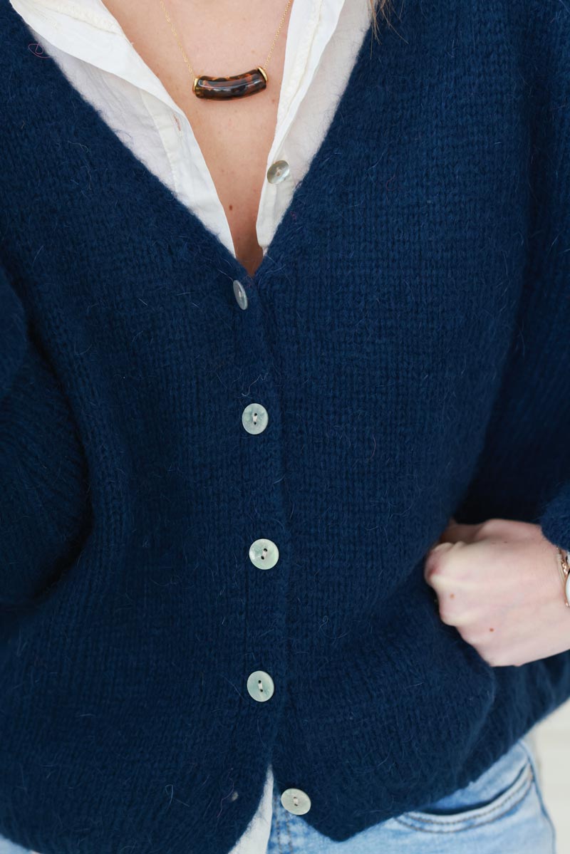 Navy Blue Mother of Pearl Button through V-Neck Cardigan