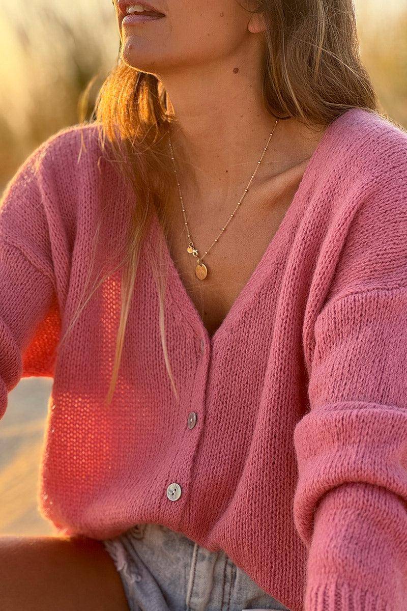 Gilet uni bois de rose en maille petits boutons nacres