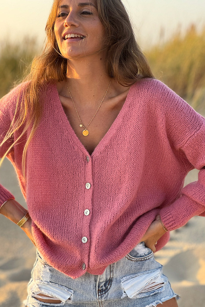 Gilet uni bois de rose en maille petits boutons nacres