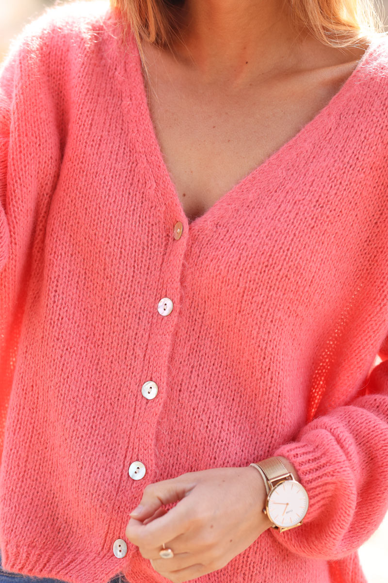 Coral mother of pearl button through v-neck cardigan