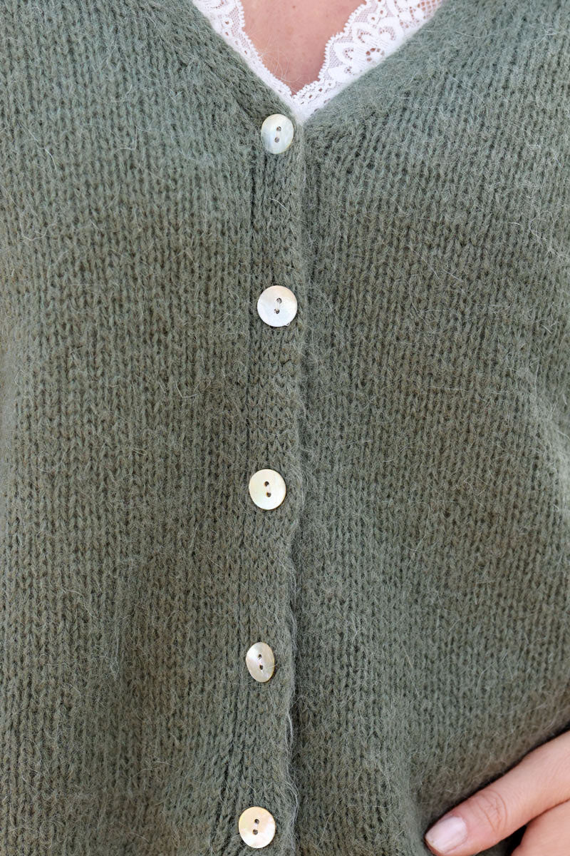 Khaki mother of pearl button through v-neck cardigan
