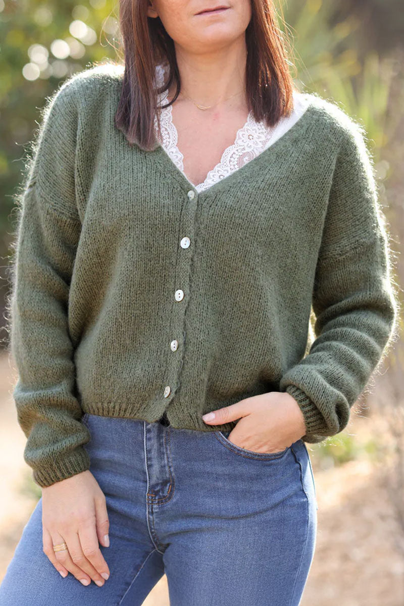 Khaki mother of pearl button through v-neck cardigan