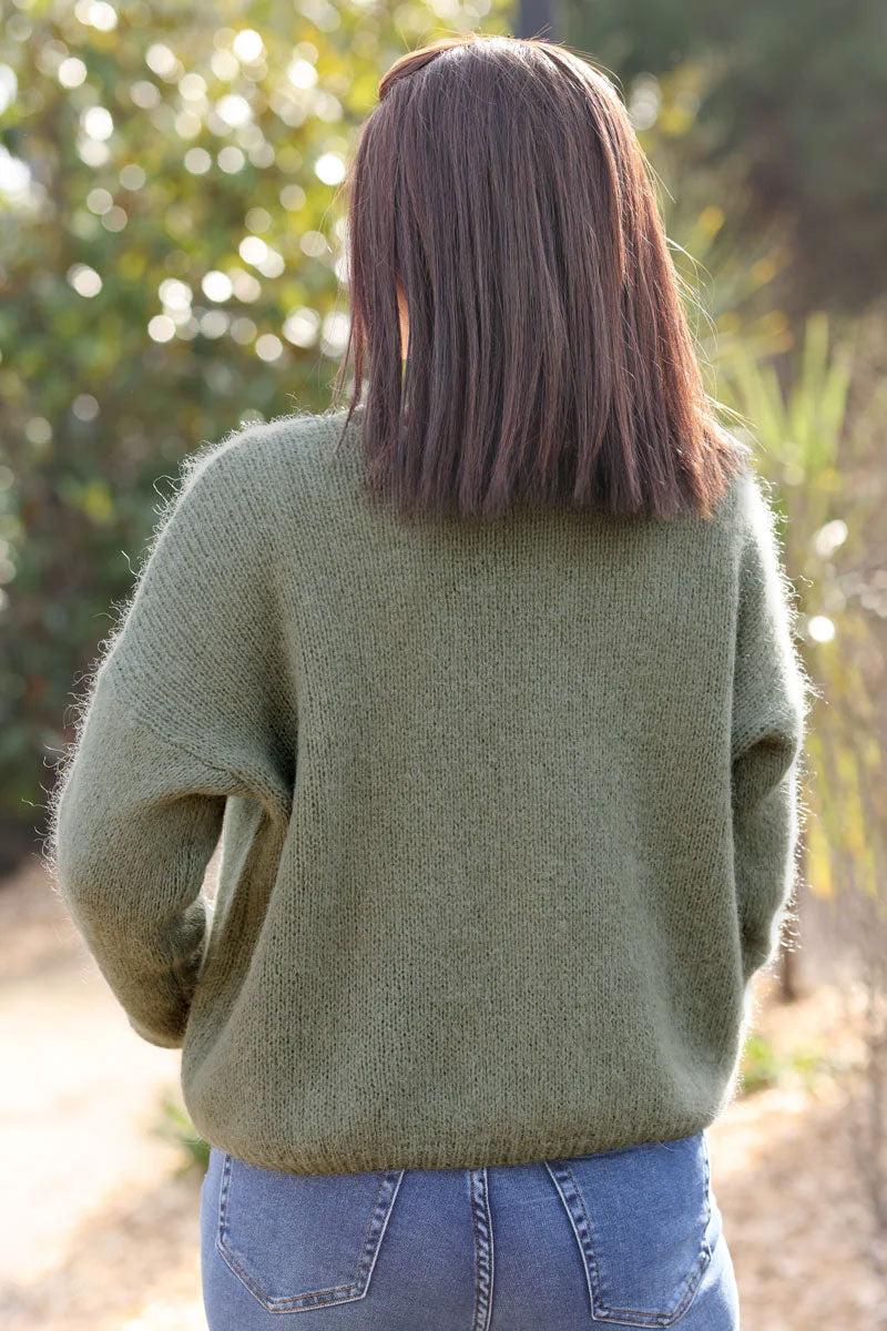 Khaki mother of pearl button through v-neck cardigan