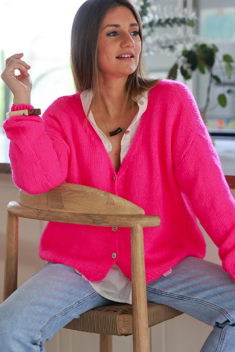 Hot pink Mother of Pearl Button through V-Neck Cardigan