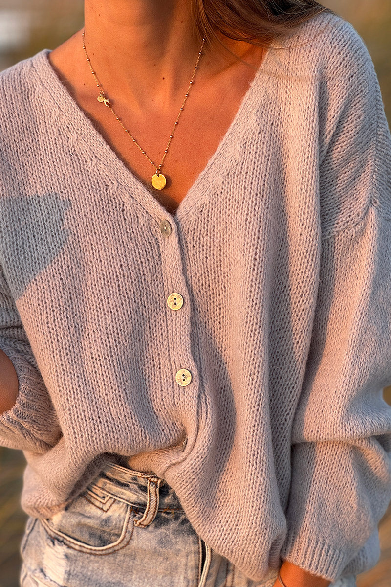 Gilet uni gris clair en maille petits boutons nacrés
