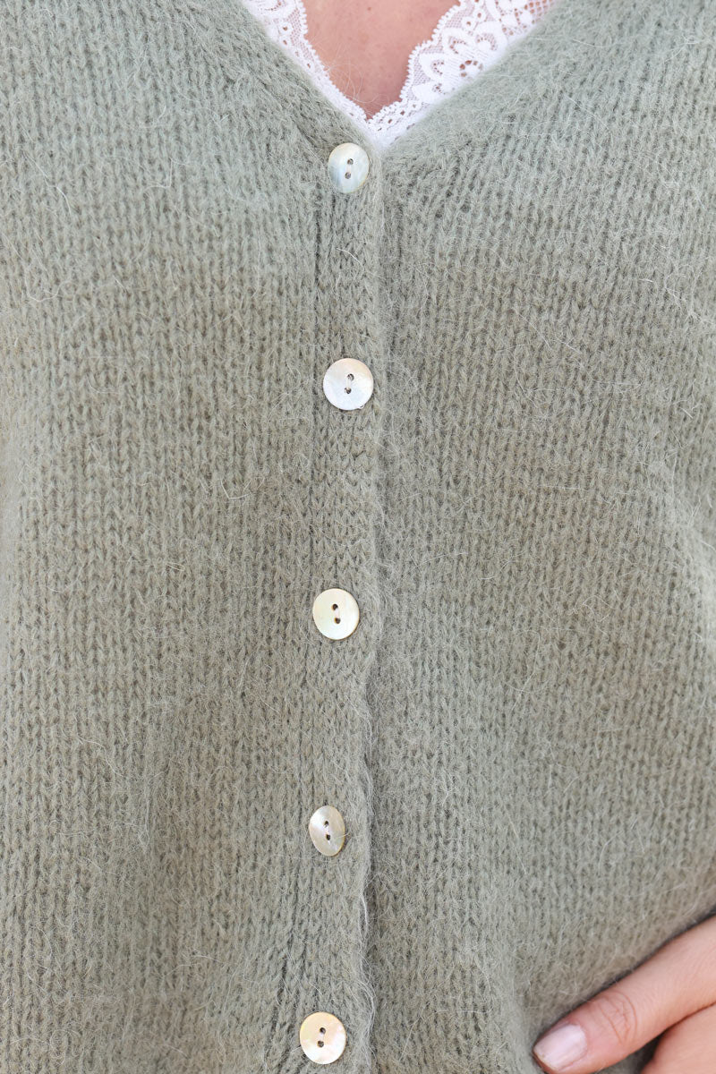 Khaki mother of pearl button through v-neck cardigan