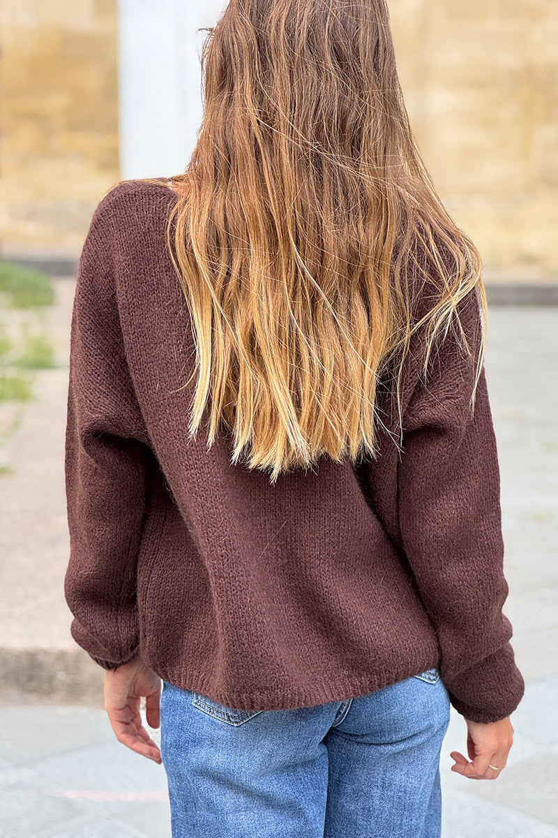 Chocolate Mother of Pearl Button through V-Neck Cardigan