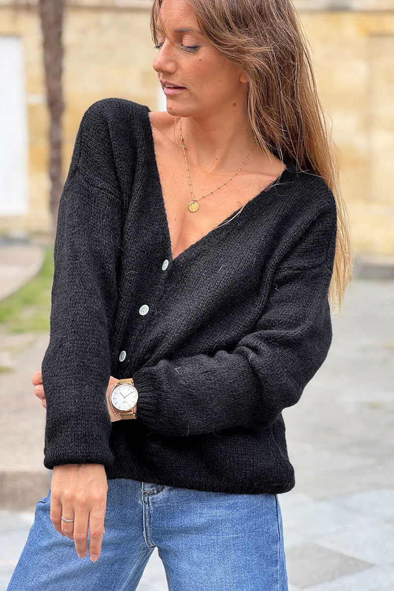 Black Mother of Pearl Button through V-Neck Cardigan