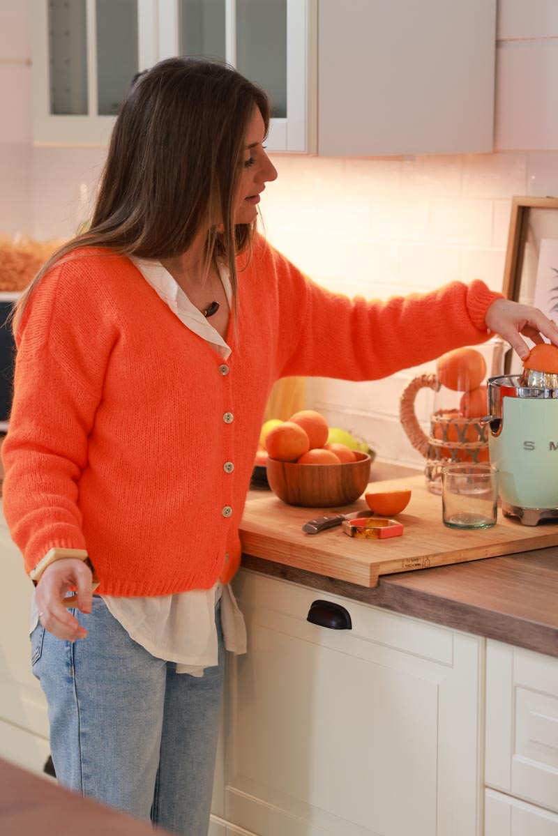 Orange Mother of Pearl Button through V-Neck Cardigan