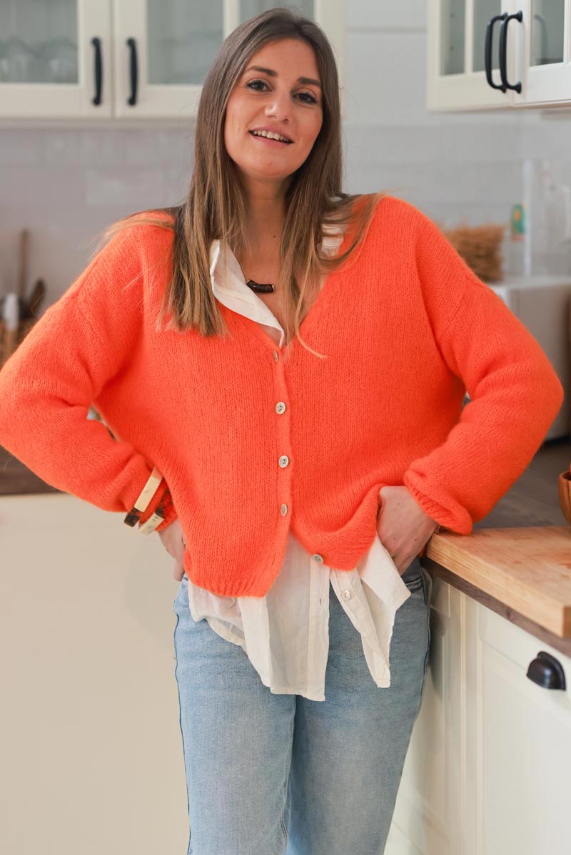 Orange Mother of Pearl Button through V-Neck Cardigan