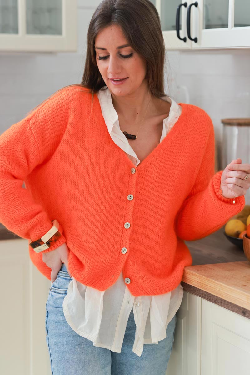 Orange Mother of Pearl Button through V-Neck Cardigan