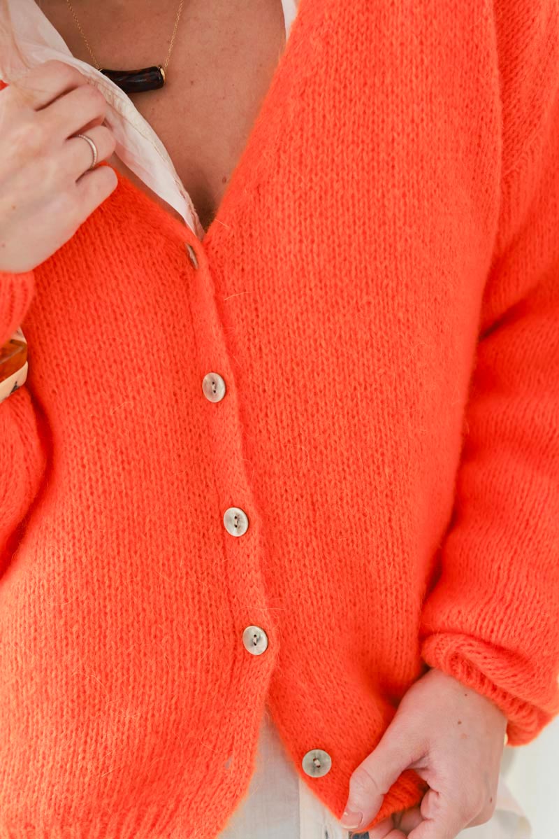 Orange Mother of Pearl Button through V-Neck Cardigan