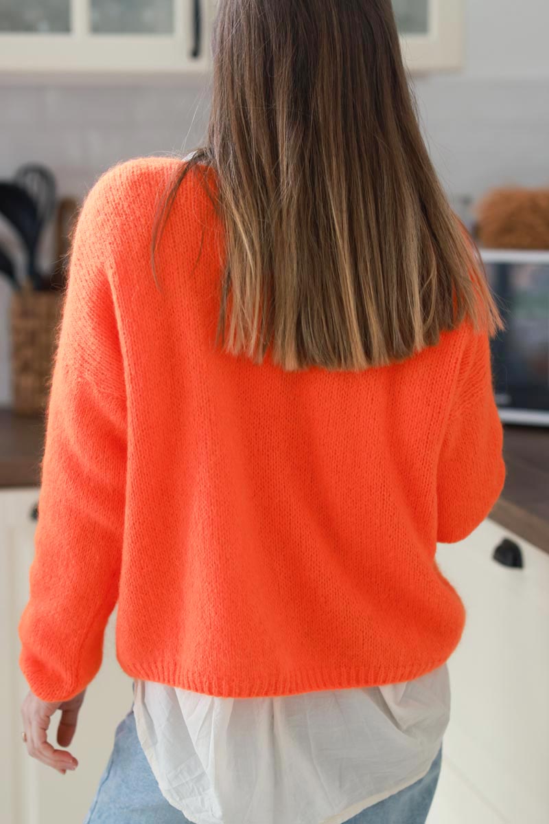 Orange Mother of Pearl Button through V-Neck Cardigan