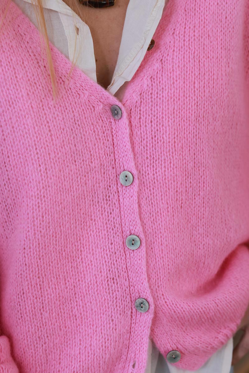 Pink Mother of Pearl Button through V-Neck Cardigan