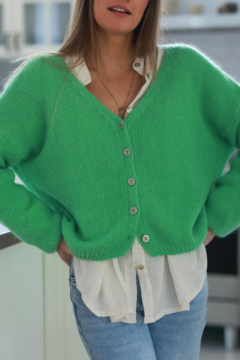 Green Mother of Pearl Button through V-Neck Cardigan