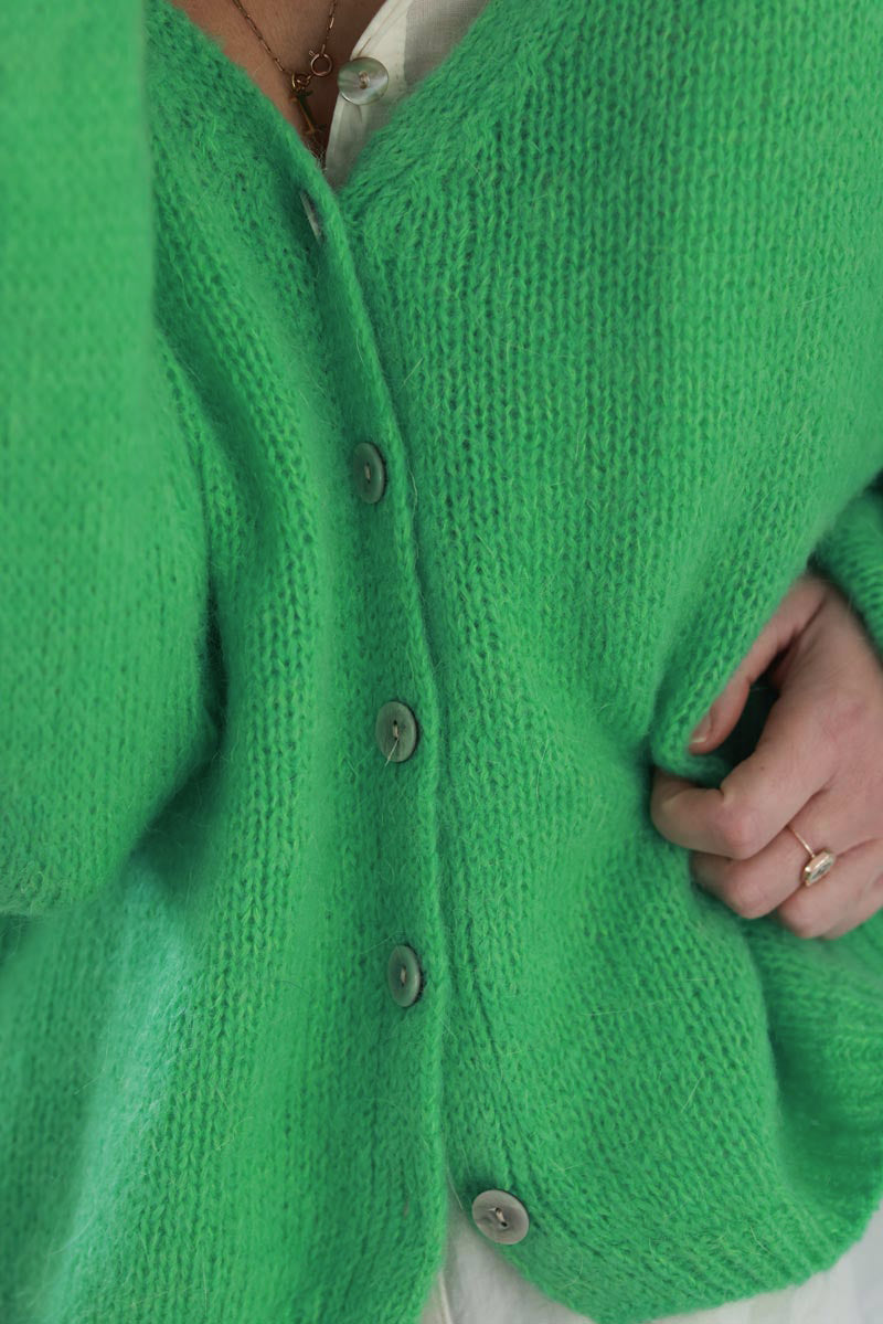 Green Mother of Pearl Button through V-Neck Cardigan