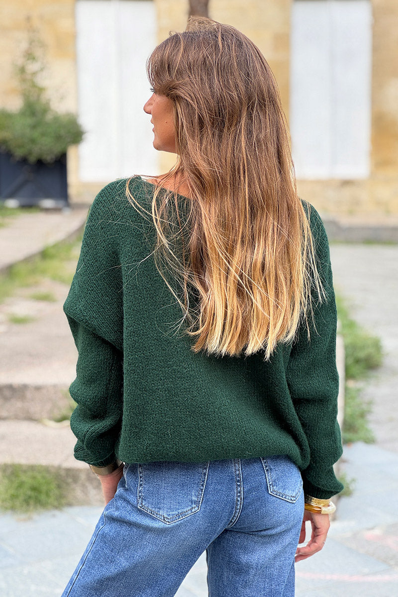 Gilet uni vert foncé en maille petits boutons nacrés