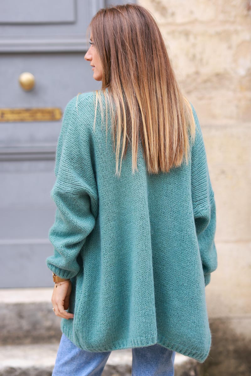 Celadon green cardigan with wrap around collar