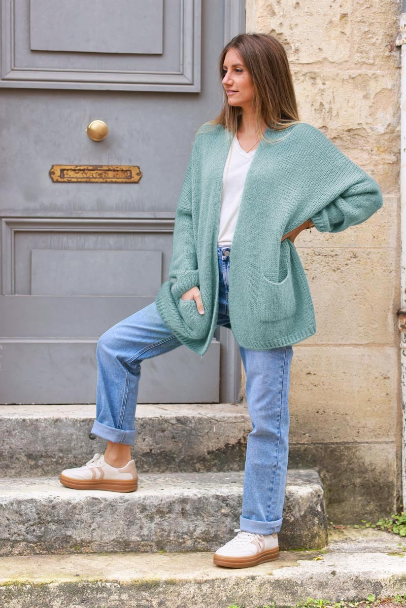 Celadon green cardigan with wrap around collar