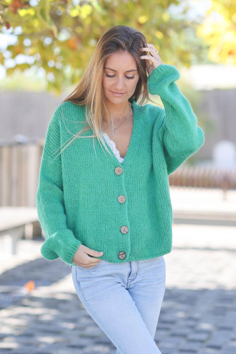 Green LOVE cardigan with wooden buttons