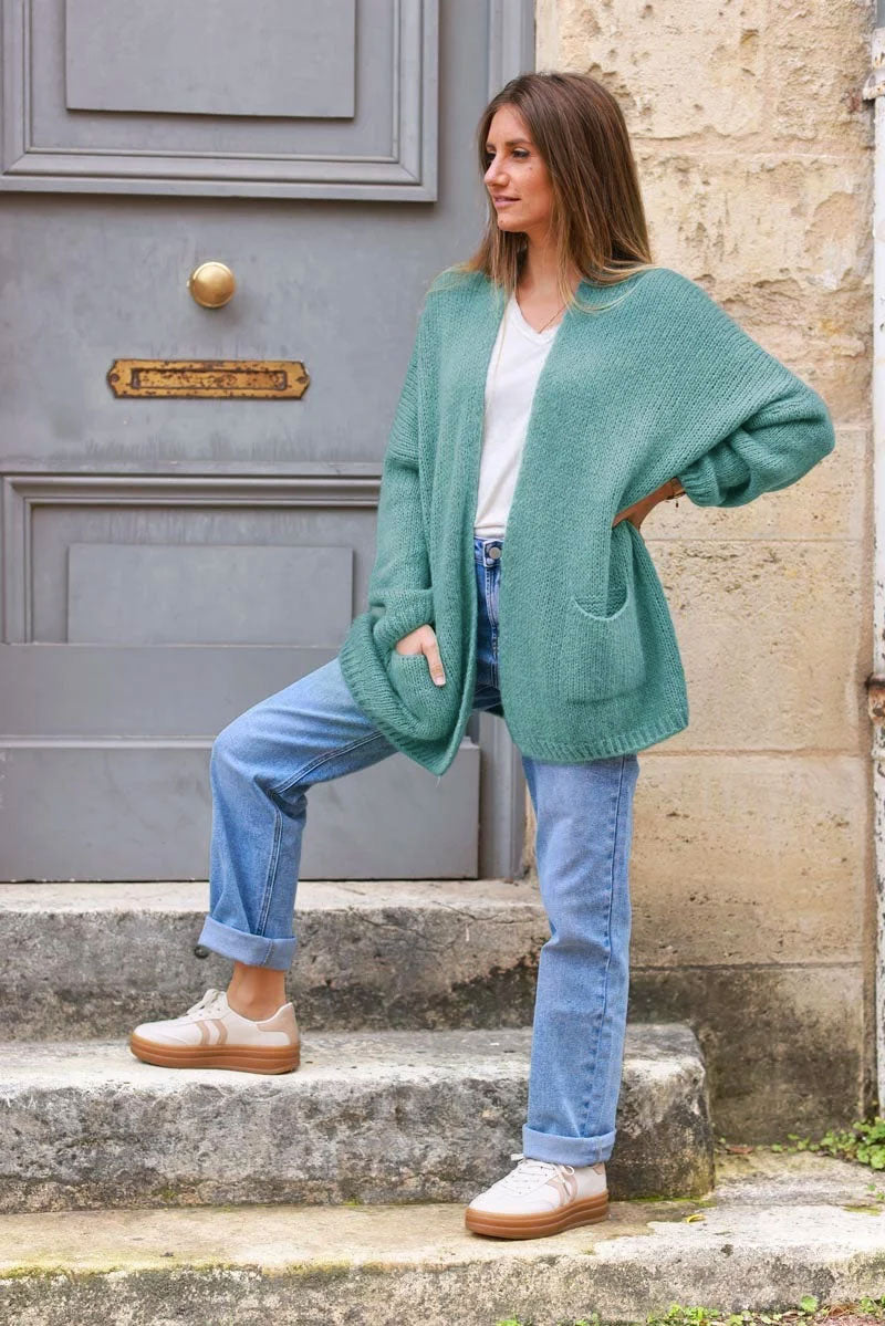 Gilet sauge col enveloppant avec poches