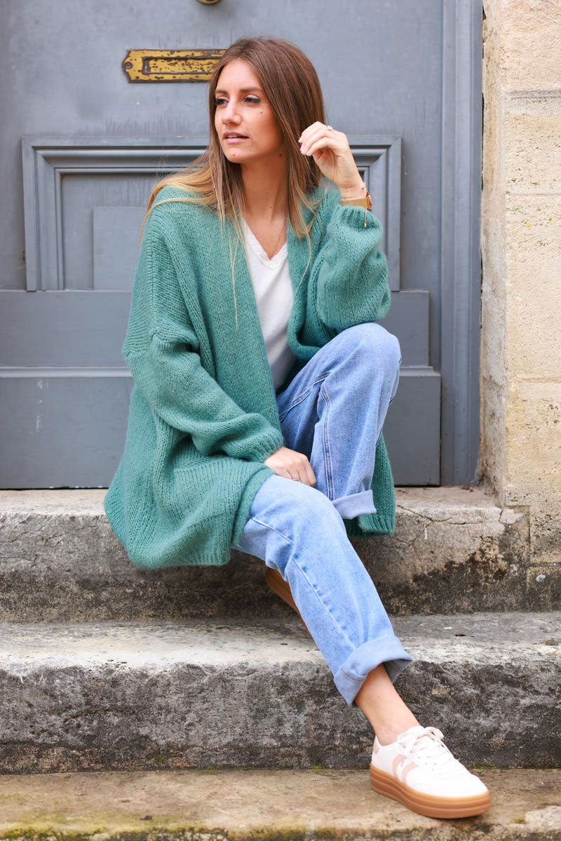 Gilet sauge col enveloppant avec poches