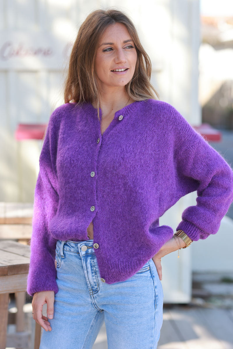 Purple Soft Knit Alpaca Wool Blend Cardigan