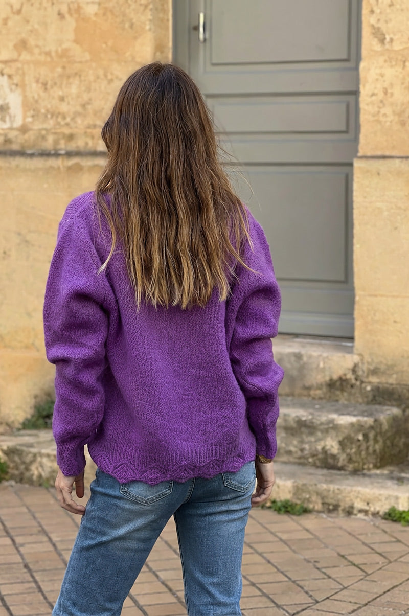 Grape Scalloped Hem Mohair Knit Cardigan - Horizons Lointains
