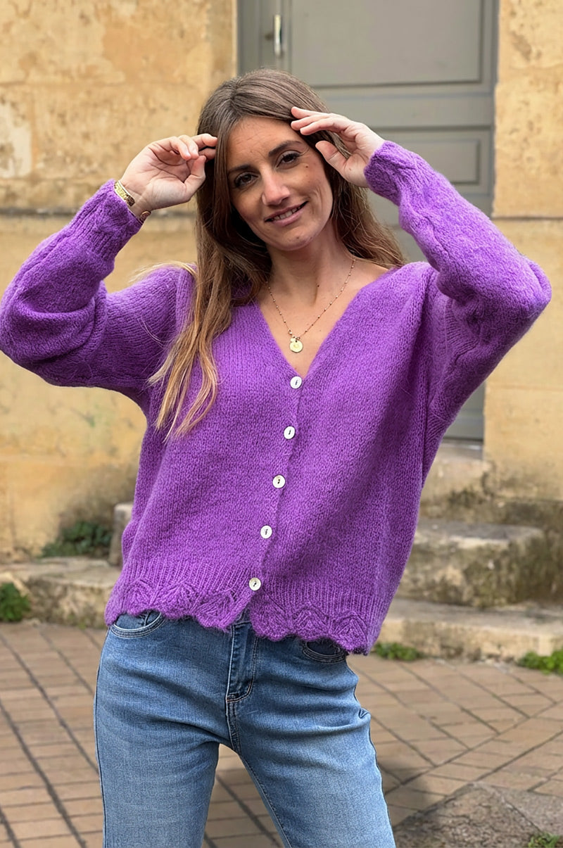 Grape Scalloped Hem Mohair Knit Cardigan