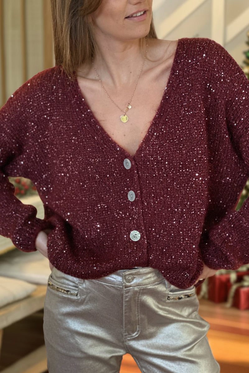 Burgundy Sparkle Knit Button-Down Cardigan