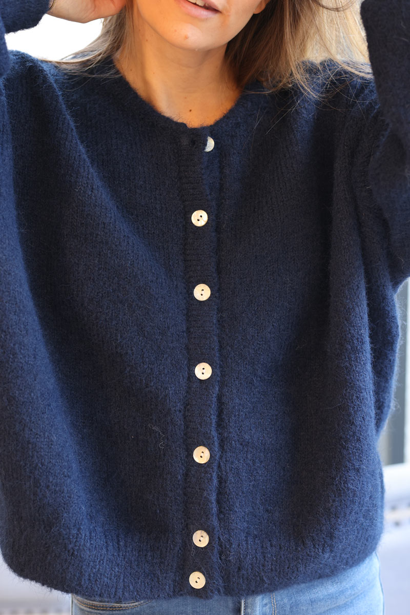 Super soft round neck cardigan navy blue with mother of pearl buttons