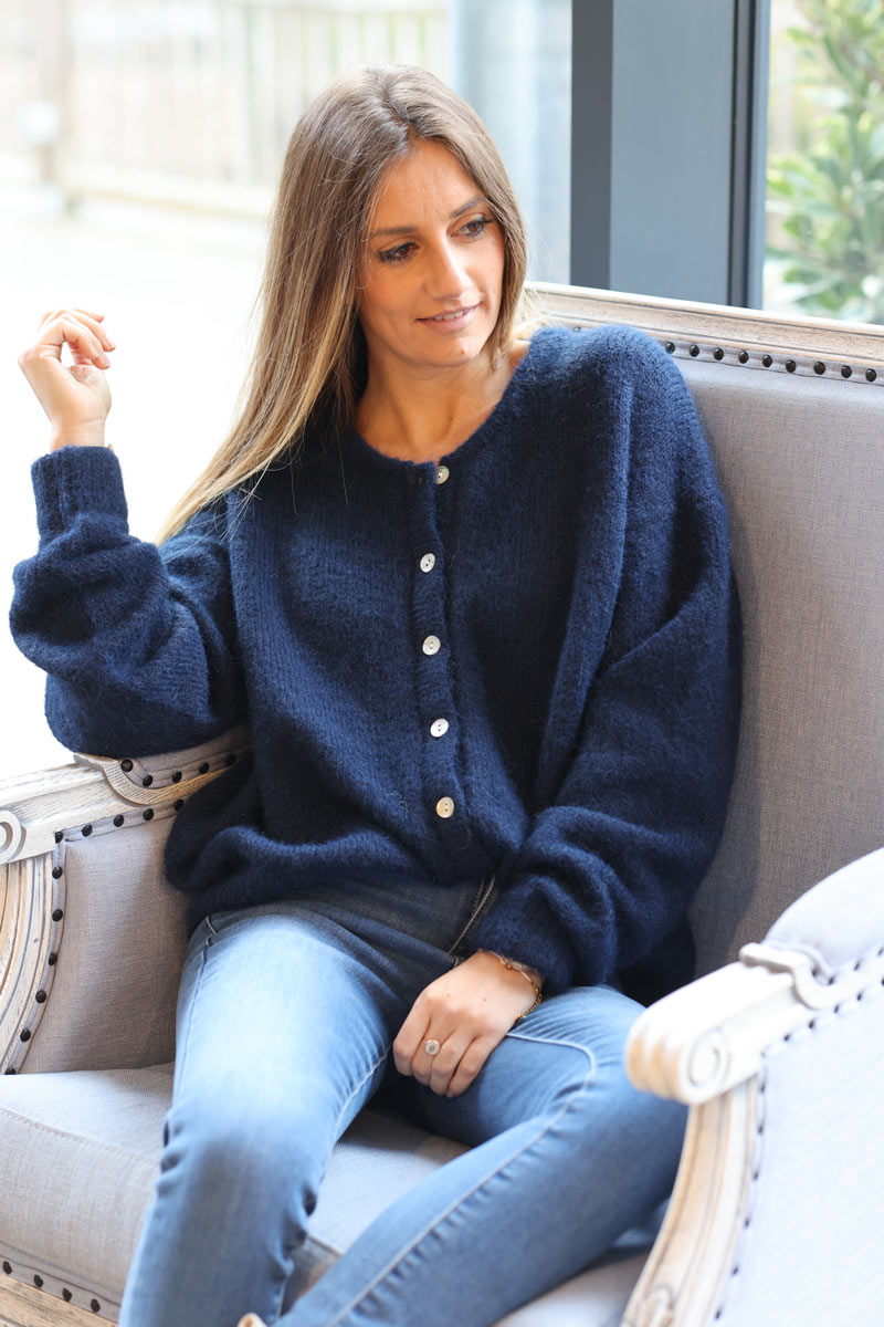 Super soft round neck cardigan navy blue with mother of pearl buttons