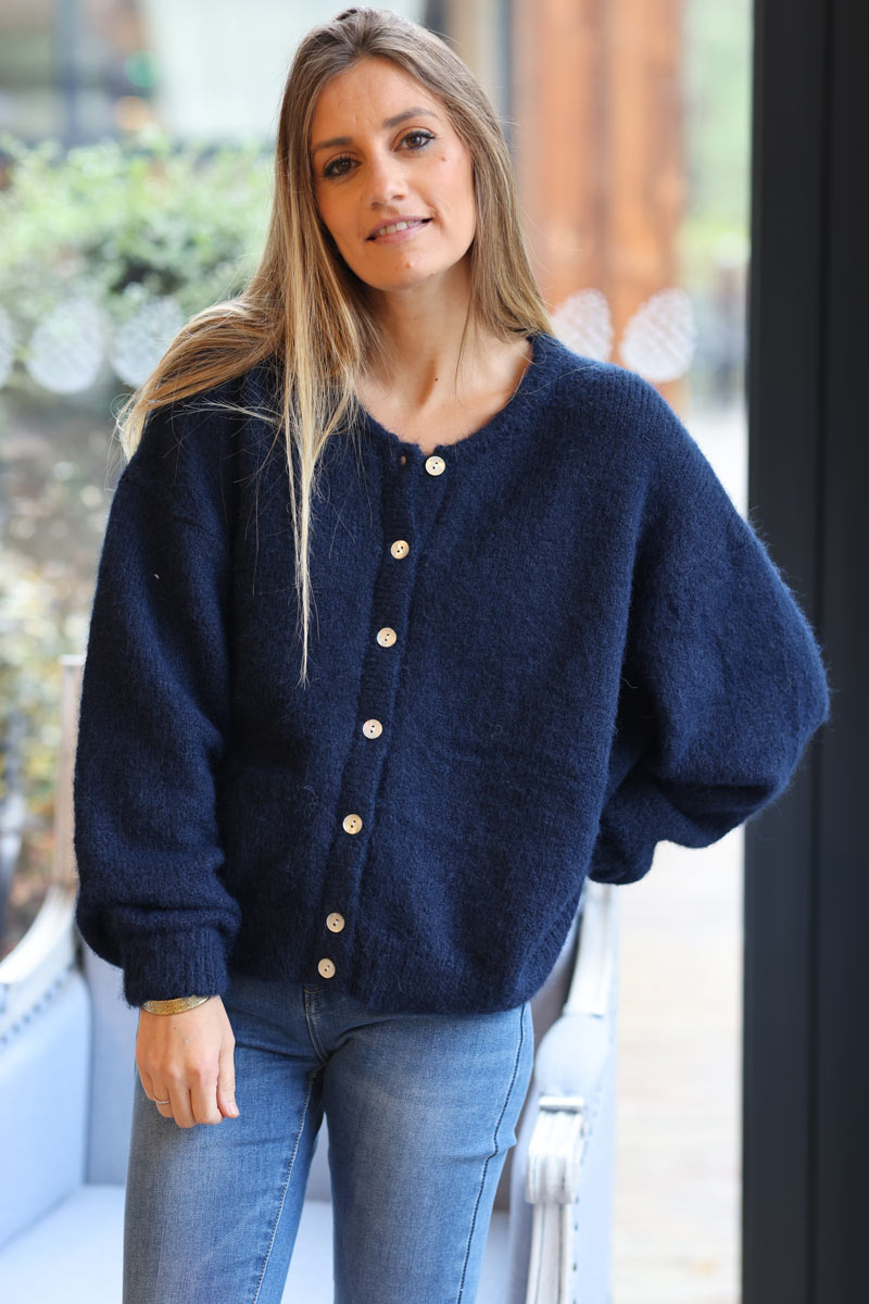 Super soft round neck cardigan navy blue with mother of pearl buttons