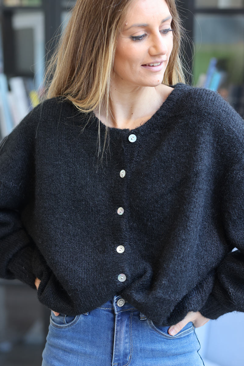 Super soft round neck cardigan black with mother of pearl buttons