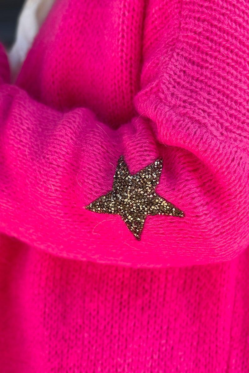 Gilet long droit fuchsia grosses mailles étoile strass manches