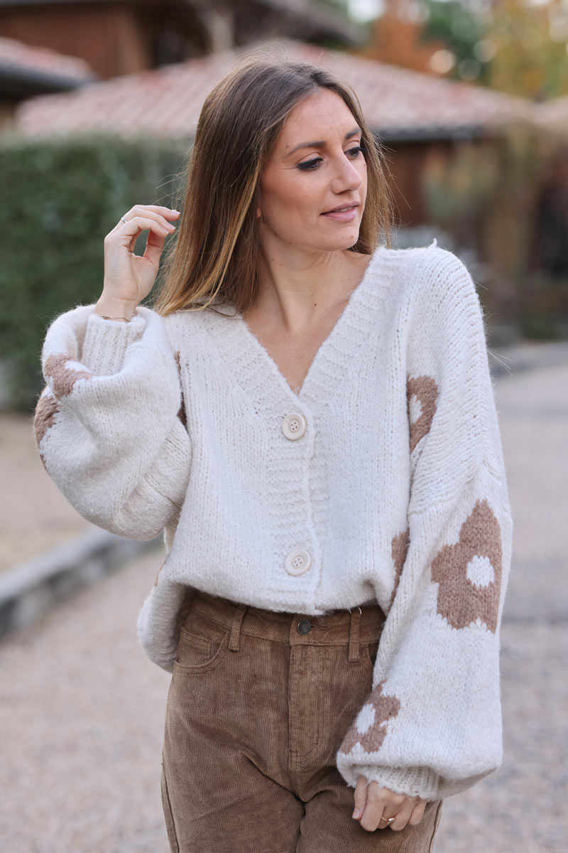 Ecru button through cropped cardigan with brown flower print
