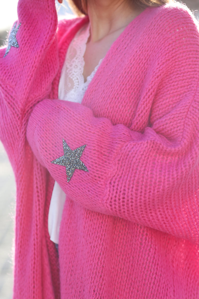 Fuchsia medium-long chunky knit cardigan with rhinestone star detail