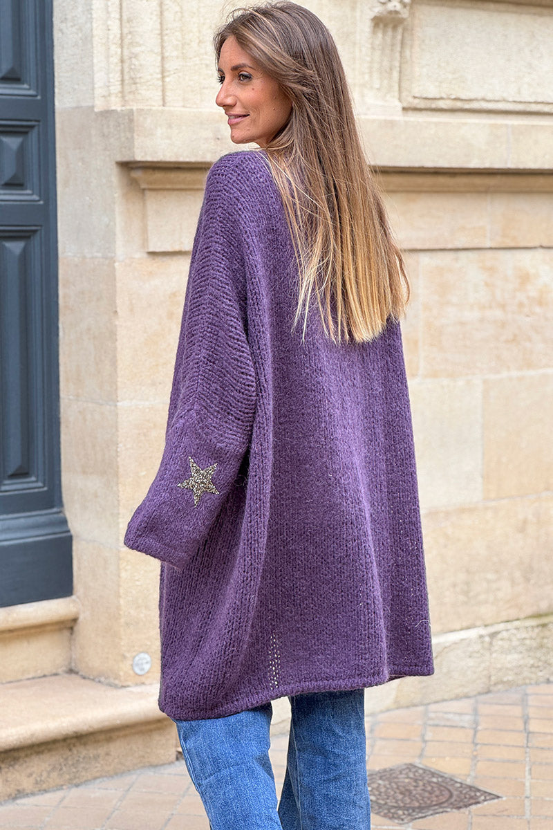 Purple Drop-Sleeve Knit Duster with Star Studded Cuffs