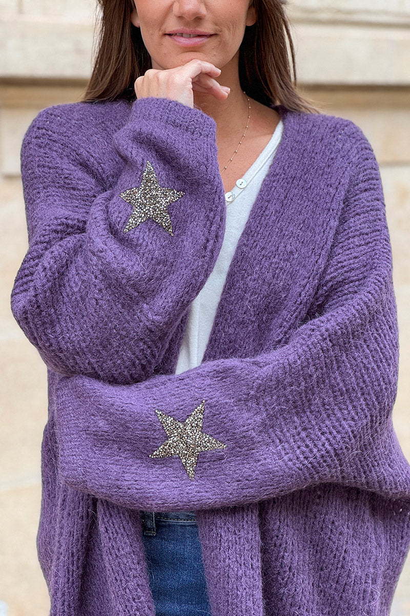 Purple Drop-Sleeve Knit Duster with Star Studded Cuffs