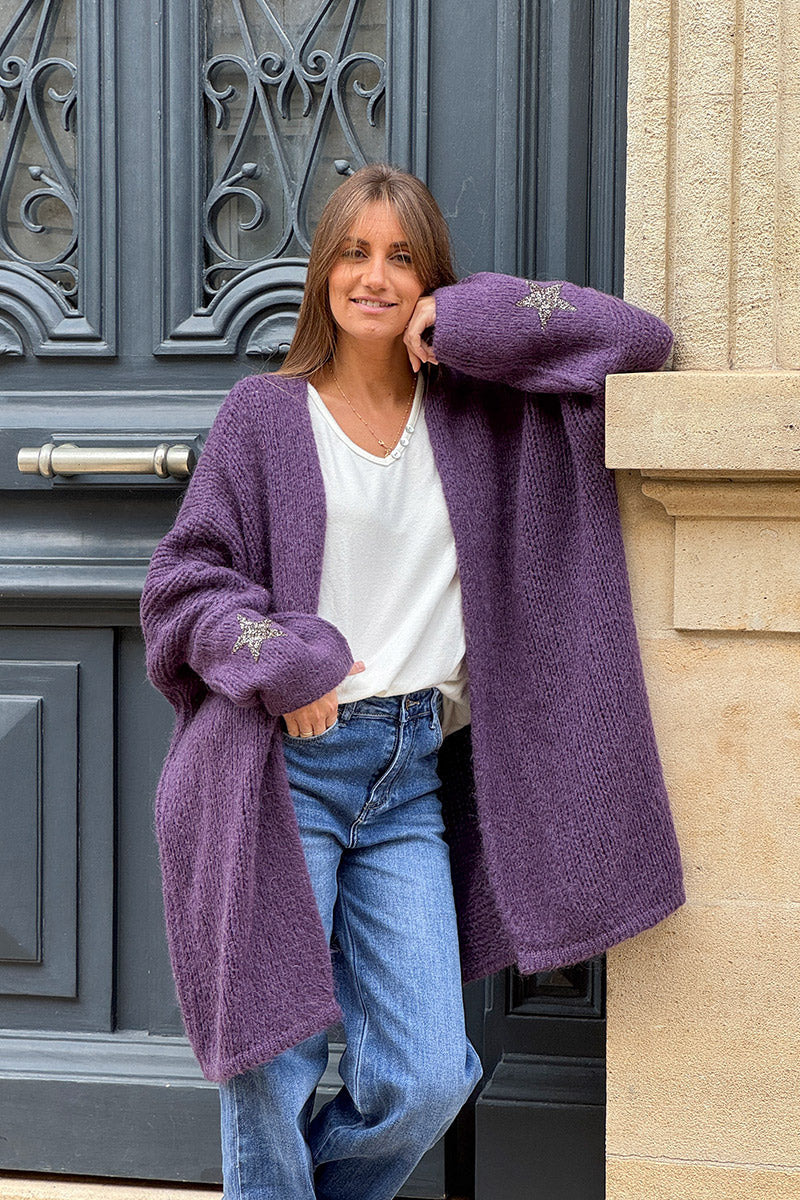 Purple Drop-Sleeve Knit Duster with Star Studded Cuffs