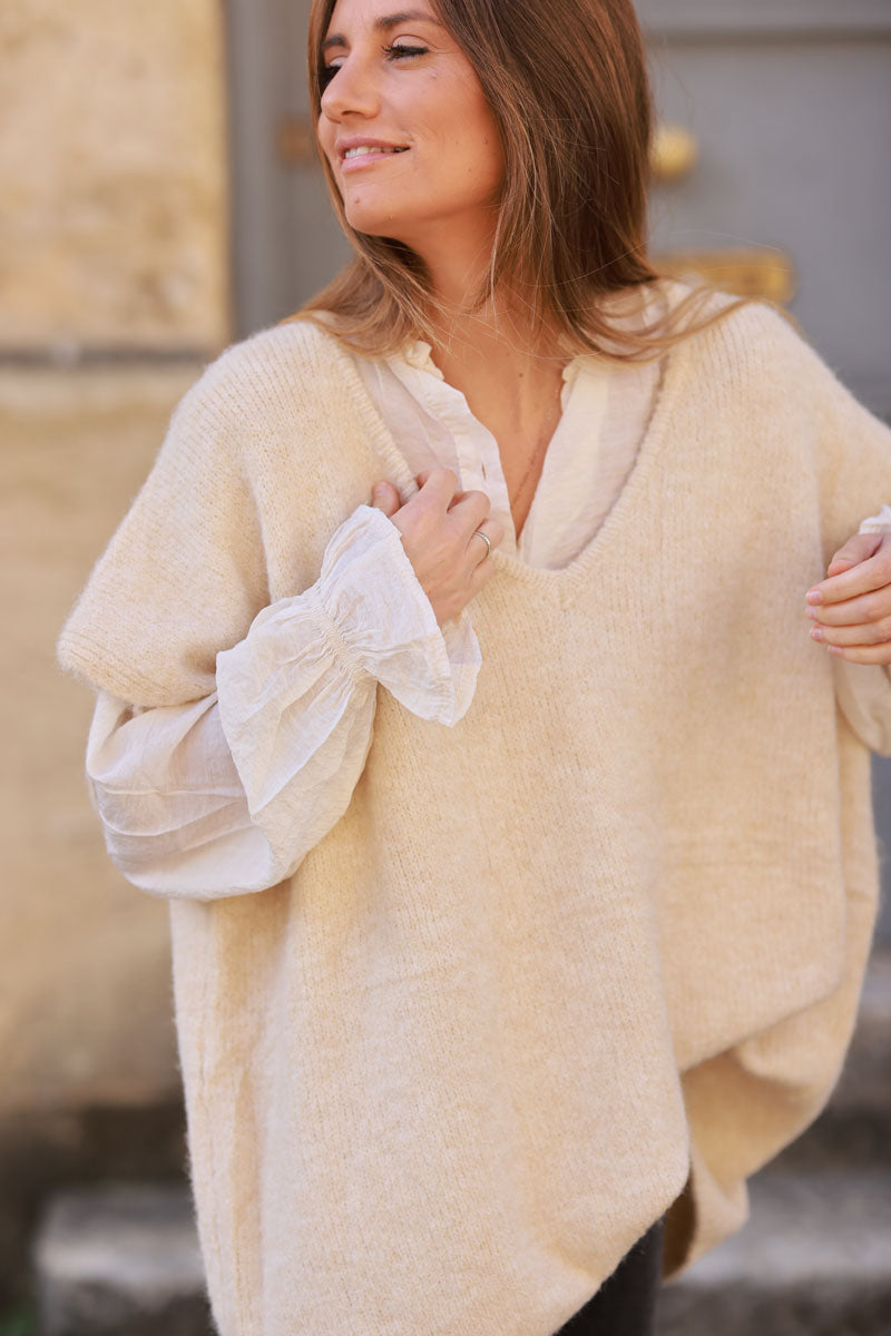 Beige Wool Blend V-Neck Knit Sweater 