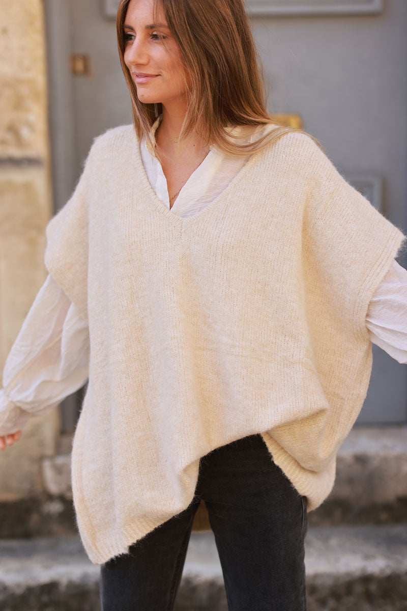 Beige Wool Blend V-Neck Knit Sweater 