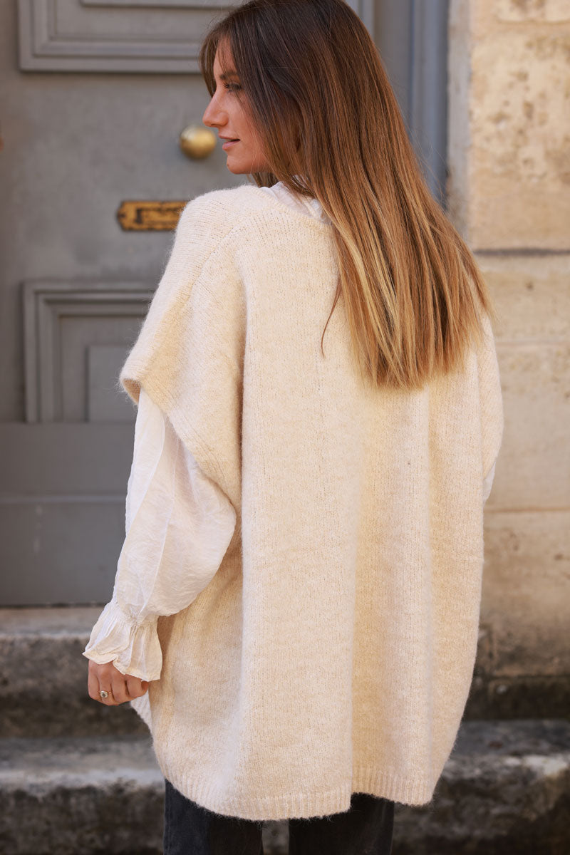 Beige Wool Blend V-Neck Knit Sweater 