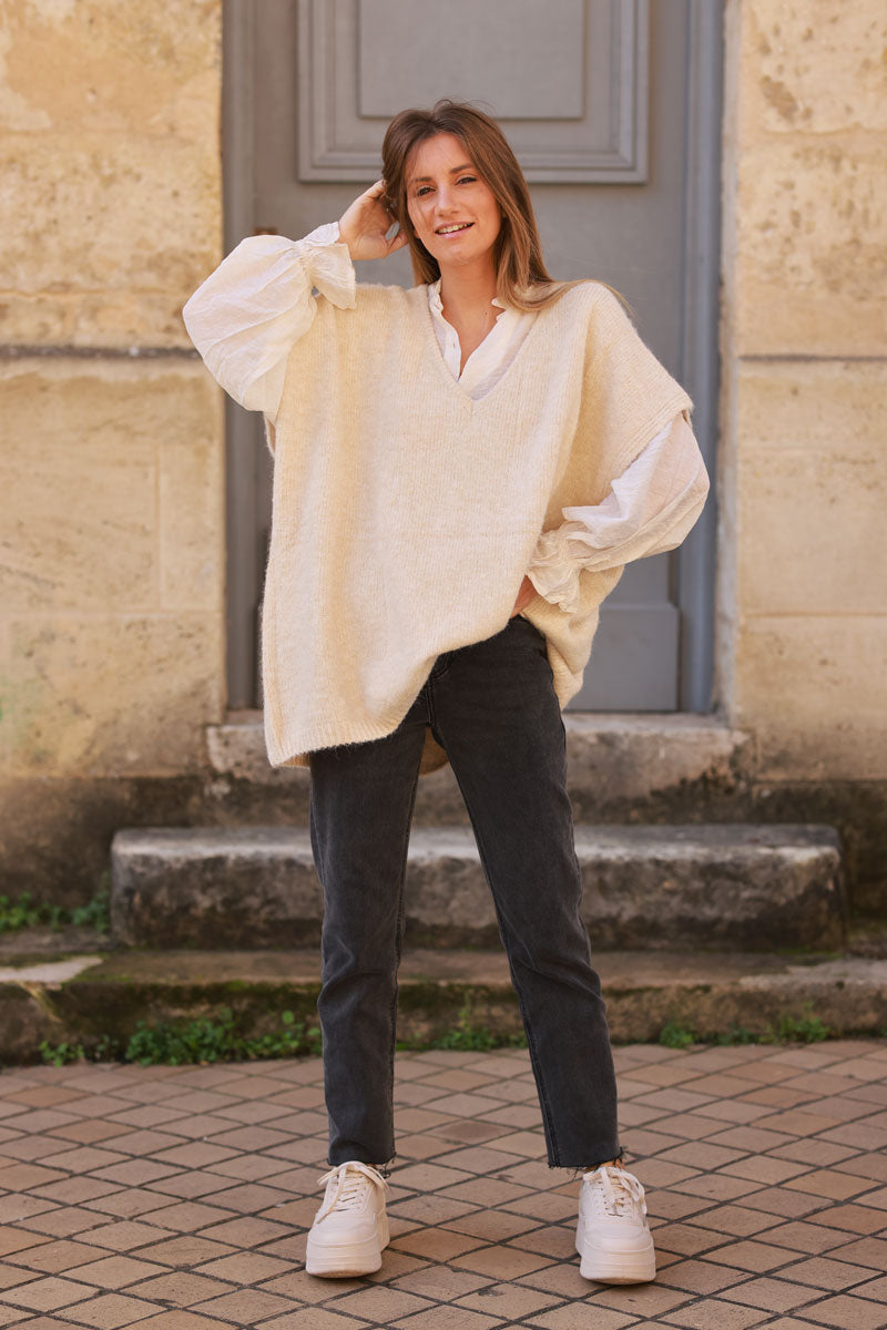 Beige Wool Blend V-Neck Knit Sweater 