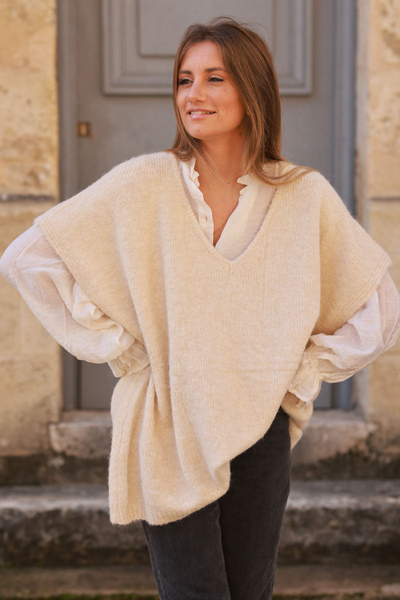 Beige Wool Blend V-Neck Knit Sweater 