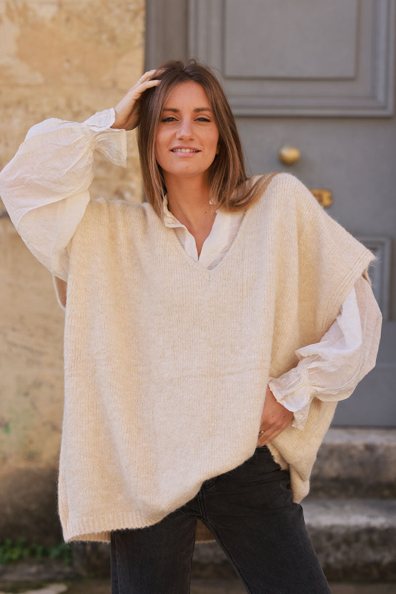 Beige Wool Blend V-Neck Knit Sweater 