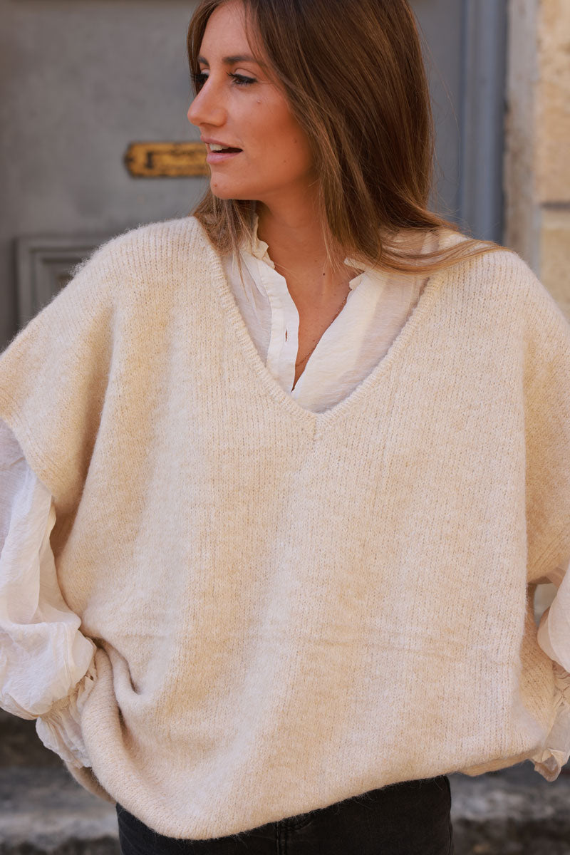 Beige Wool Blend V-Neck Knit Sweater 