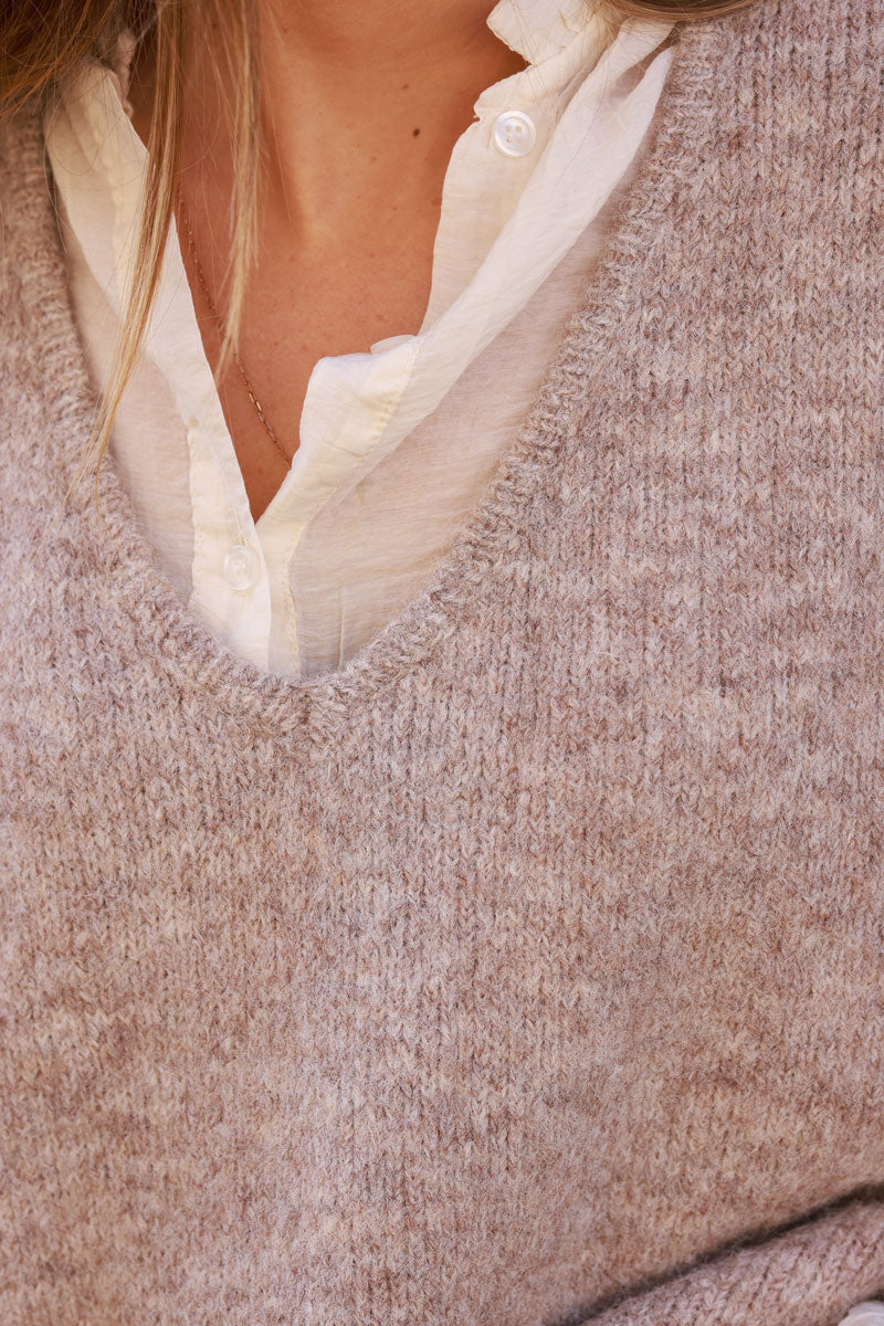 Taupe Wool Blend V-Neck Knit Sweater 