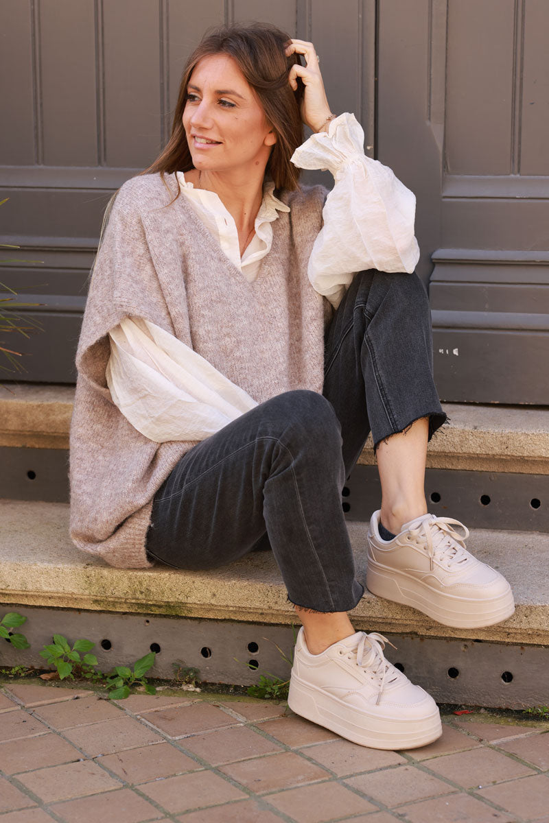 Taupe Wool Blend V-Neck Knit Sweater 